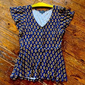 Navy Peplum Top Short Flutter Sleeves Size L